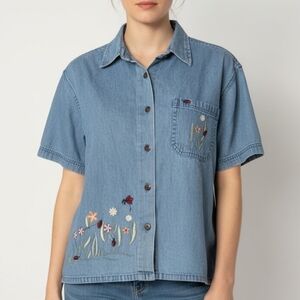 Embroidered Light Blue Denim Button-Up Shirt 100% Cotton XL